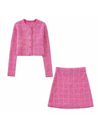 Women Fashion Pink Tweed Knitted Full Sleeves Cropped Outerwear A-Line High Waist Skirts Office Lady Two Piece Sets 231225