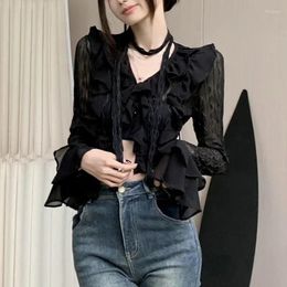 Women's Blouses Fashion Mesh Flare Sleeve Woman Blouse Slim Fit Casual High Street Vintage Black Shirt Women Ruffle Sexy Crop Tops 30396