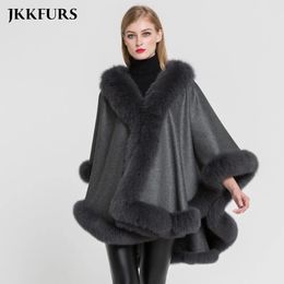 Jackets Women's Cashmere Throw Poncho Genuine Fox Fur Collar Trim & Cape Wool Fashion Style Jacket Autumn Winter Warm Coat S7356