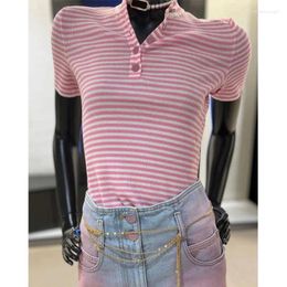 Women's Sweaters 2024 Fashion Designer Spring Summer Casual Single Breasted T-Shirts O-Neck Short Sleeve Striped Knit Sequin Button Tops