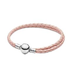 Fine jewelry Authentic 925 Sterling Silver Bead Fit Charm Bracelets 16-21CM Moments Double Black & Pink Leather Bracelets Safety Chain Pendant DIY beads1283358