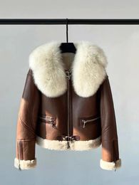 Fantfur Winter Coat For Women 100% Fox Fur Collar Merino Sheep Doublefaced Solid Thick Warm Jacket 231222