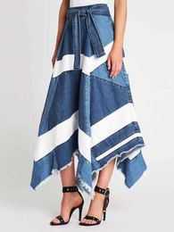 Skirts Women Striped Denim Skirt Asymmetric Hem Fashion Knot Waist Irregular Patchwork High Street Y2K Pleated A-Line Long