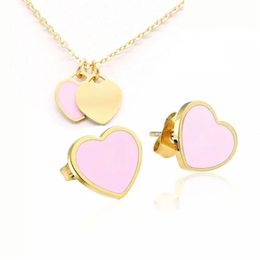 Vintage enamel PINK Green Double Heart Charms Necklace and Earring Jewellery set Pendant Women Men chain Stainless Jewellry sets281g