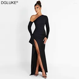 Casual Dresses One Shoulder Long Sleeve Black Dress Party Evening For Women Elegant Gown Backless Ruffle Maxi Autumn Winter