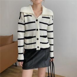 Women's Knits Autumn Winter Striped Knitted Cardigan Sweater Women Sailor Collar Single Breasted Casual Sweaters Ladies Jumpers Tops