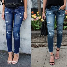 Fashion Mid Waist Skinny Jeans Women Vintage Distressed Denim Pants Autumn Crimped Destroyed Pencil Casual Ripped 231225