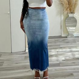 Skirts CINESSD 2023 Women's Fashion Street Girl Style Long Skirt Burnt Flower Slit Tassel Ankle Length Lady Denim