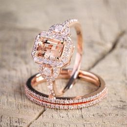Wedding Rings Female Square Ring Set Luxury Rose Gold Filled Crystal Zircon Band Promise Engagement For Women Jewellery Gifts218N