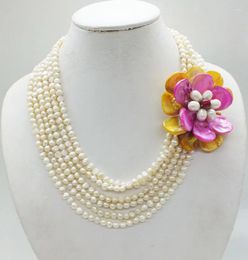 Choker Natural White 5 Rows Of Baroque Pearls. Shell Flower Necklace Classic Bridal Wedding