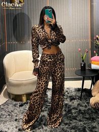 Women's Two Piece Pants Clacive Sexy Slim Leopard Print Women Outfits 2023 Fashion Long Sleeve Shirts With Mid Waits Wide Leg Set Female