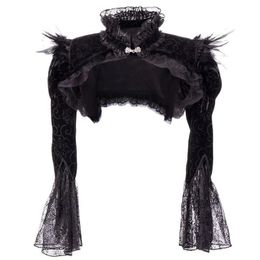 Jackets Black Victorian Gothic Bolero Women Jacket with Feathers Stand Collar Long Sleeve Lace and Corduroy Jackets Jaqueta Feminina