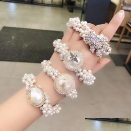 Hair Accessories Band Rope Net Red Rubber Celebrity Style Pearl Gold Thread Beaded Metal Korean Fashion Women Headdress Bk Drop Deliv Dhzqp