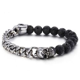 Volcanic Stones With Gold Colour Stainless Steel Skull Bracelets Bangles Curb Cuban Link Chain Bracelet Biker Man Wristband276C