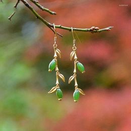 Dangle Earrings Natural An Jasper Salix Leaf Earings For Women Classic Fresh Long Eardrop Charm Ancient Gold Craft Banquet Jewellery