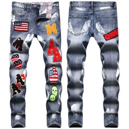 Designer Wind Jeans for Men with Torn Holes in Autumn and Winter New Hand Painted Embroidered Badges Small Straight Tube Slim Fit Trend Beggar Pants