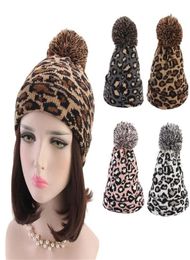 Fashion Women Leopard Faux Fur Ball Winter Warm Crochet Knitted Hat Cap Beanie For Women Hat gorras7088815