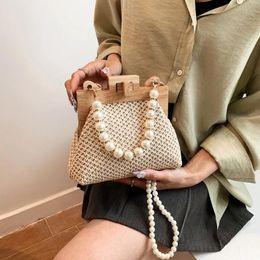 Bags Fashion Straw Wooden Clip Bag Women Handbags Bohemian Pearls Chains Shoulder Crossbody Bag Small Woven Shell Bags Sling Bags New