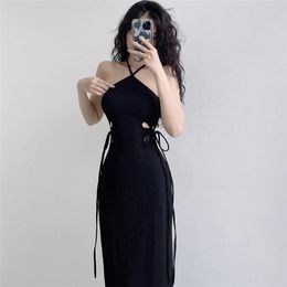 Casual Dresses High Waist Hanging Neck Open Back Dress Halterneck Backless Women