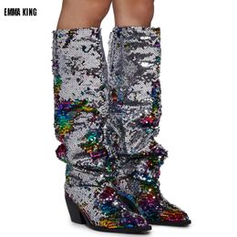 Sequined bling knee high boots 8CM Heel Square Mid Heel Winter Boots for Woman Silver Loose Retro Pants Long Boots 44 231225