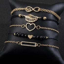 Pcs set Love Heart Infinity Symbol Charm Bracelets For Woman Gold Link Chain Hollow Feather Black Beads Braclet Girl317v