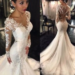 Stunningbride 2024 Trumpet/Mermaid V-neck Long Sleeves Court Train Tulle Applique Lace Wedding Dresses Illusion Back Bridal Gown with Pick Up Skirt