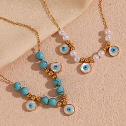 Pendant Necklaces Round Eyes Beaded Imitation Pearl Turquoise Necklace 316L Stainless Steel Women's Neck Chain 18K Gold Plated Accessories