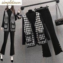 Plaid Splice Knitted Vest Sweater Long Sleeve T shirt Bell bottoms Three Piece Elegant Women s Pants Set Autumn Outfits 231225