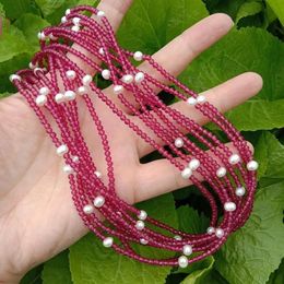 Necklaces Y.YING 8 Rows Red Crystal Cultured White Pearl Necklace 205 Multi Strands Fashion Jewelry