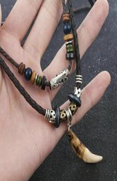 Chokers 2021 Men Vintage Wolf Tooth Pendant Necklace Multilayer Leather Beaded Weaved Prayer Lucky Bohemia Jewelry65133076639399