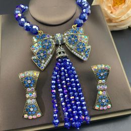 Necklace Earrings Set Medieval Bow Beaded Glass Luxury Exaggerated Blue Rhinestone Fringe Fashion Women's Banquet Jewelry