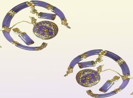 Purple Jade Gold Plated Fortune Dragon Phenix Bracelet Pendant Necklace Earrings9198369