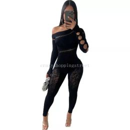 2024 Designer Sexy Mesh Patchwork Jumpsuits Women Bodycon Rompers Long Sleeve Skinny Hollow Out Jumpsuits Clothing Night Club Wear Wholesale Clothes