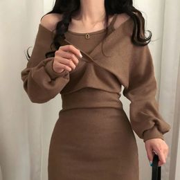 Sexy Solid Knitted Mini Dress Women Two Piece Set Skinny Dresses and Long Sleeve Knitted Cardigan Harajuku Dress Vestidos 231225