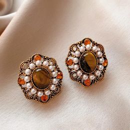 Stud Earrings Vinatge Unique Elegant Pearl Tiger Eye Stone Flowers For Women Fashion Exquisite Metal Jewellery Party Gifts