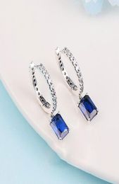 925 Sterling Silver Blue Rectangular Sparkling Hoop Earrings Fits European Style Jewelry Fashion Earrings5393546