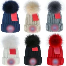 Caps Skull Caps 2023 Designer Winter Cap Knitted Beanie Woolen Hat Men Chunky Knit Thick Warm Faux Fur Pom Beanies Hats Female Bonnet B