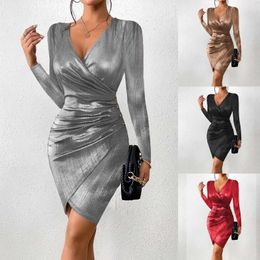 Casual Dresses Women's Sexy Long Sleeve V Neck Ruched Bodycon Mini Party Cocktail Dress