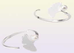 Antique Silver ginkgo leaf Plant Opening Finger ring for Women lady Elegant Wedding rings Imitation Pearl Lovely Gift22170247124315