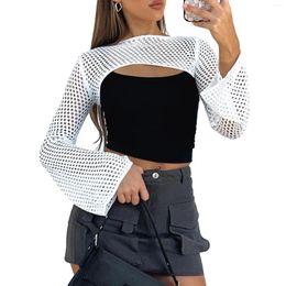 Women's T Shirts 2024 Summer Ladies Round Neck Long Sleeve Bolero Streetwear Fashion Women Crochet Shrug Solid Colour Hollow Out Knitted Crop