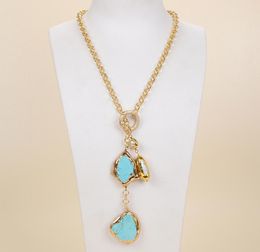 GuaiGuai Jewellery White Biwa Pearl Turquoise Lariat Chain Necklace For Women Real Gems Stone Lady Fashion Jewellery7104669