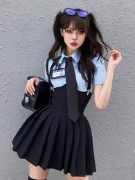 Work Dresses Summer 2023 Fashion Sexy Girl 2 Pieces Suits Short Sleeve Little Shirt&Black Straps Pleated Mini Tank Dress Sets Cosplay