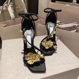 Sandals Summer Square Headed Silk Face Pearl Metal Flower One Line Thin High Heels Banquet Dress Versatile Women's Shoes