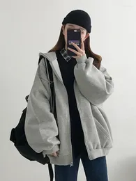 Women's Hoodies Grey Zip Up Hoodie Korean Fashion Autumn Winter Warm Thick Oversized Harajuku Vintage Casual Black Sweatshirt Women