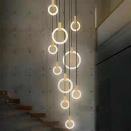 Modern Nodic Wood LED Ring Chandeliers Acrylic Ring Stair Lighting Fixtures for Living room Dining room Stair 3 5 6 7 10 Rings259B