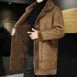 Men's Leather Faux Leather Double -sided Wear Winter Jacket Men Granular Velvet Splicing Slim Abrigo Largo Hombre Solid Color Coat Long Warm Jacket J240103