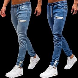 Mens Denim Pants Zipper Jeans Men Elastic Cuffed Casual Drawstring Jogger Tight 231222