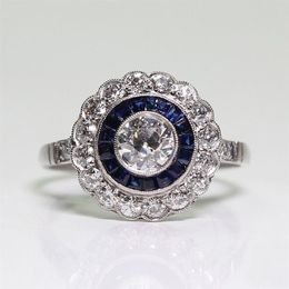 Silver Plated Round Sapphire Ring for Exquisite Women Bride Princess Wedding Engagement Ring US Size 5-13278S