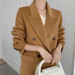 Korean Fashion Long 100%Wool Coat Women Double Breasted Straight Camel Winter Jacket 231225