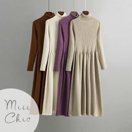 Casual Dresses High Neckline Knit Dress For Women In Autumn And Winter Slim Fitting With Coat A-line Waistband Knee Length Woolen